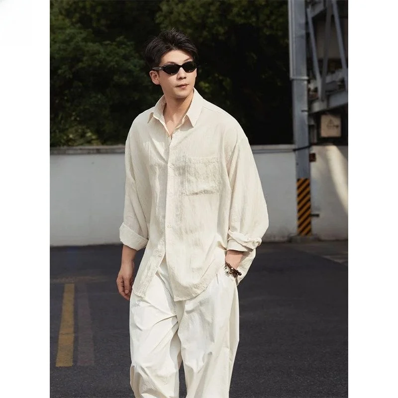 Light Khaki Linen Long Sleeve Shirt Men Summer Thin Lazy Style Casual Loose Sun Protection Shirt Breathable Comfortable Cotto...