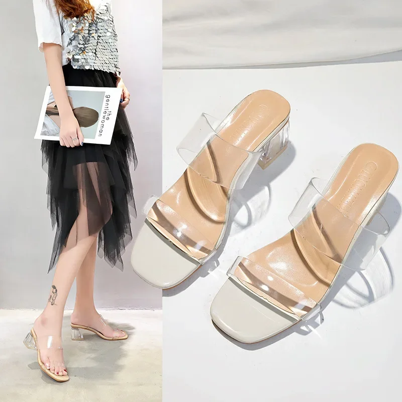 Women's Solid Color Elegant Sandals, Slip On Transparent Double Bands Slip On Chunky Heels, Comfort Holiday PVC Sandals