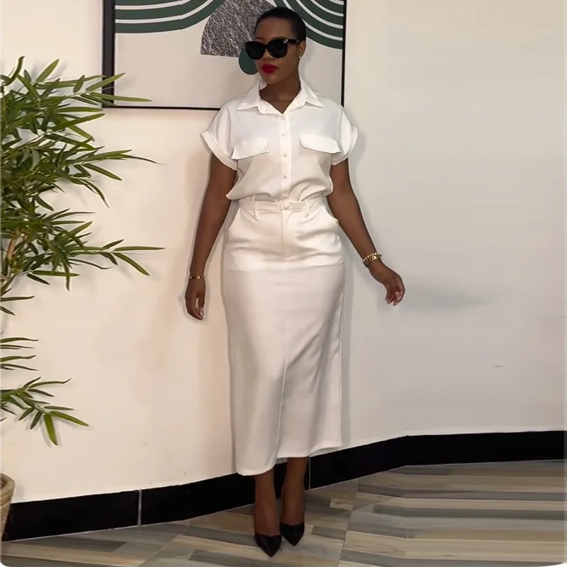 

Sweet and fresh lapel short-sleeved shirt high waist unbagged skirt two-piece set fashionable simple and versatile temperament e