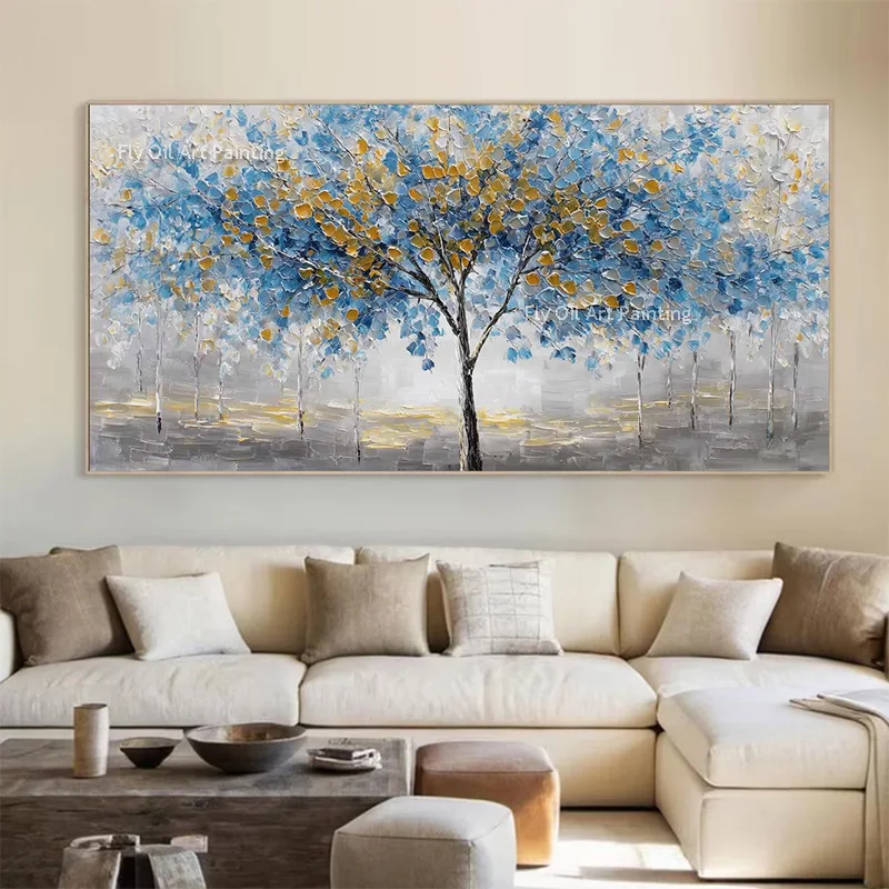 New Simplism Design Blue Gold Foil Tree Landscape Canvas Artwork Hand Made Green Brown Large Oil Painting For Wall Decor