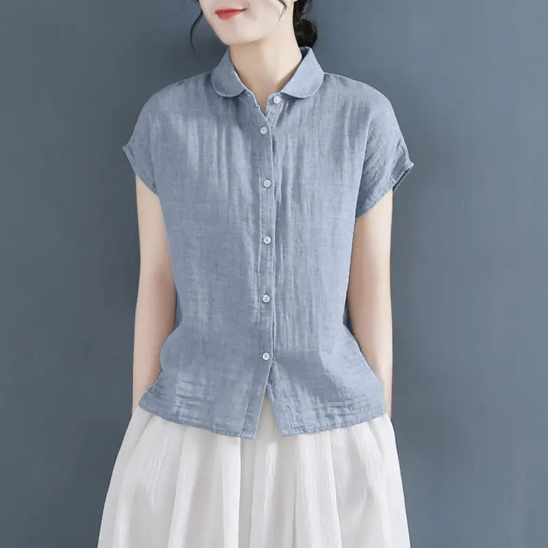 

Women Loose Casual Short-sleeved Button Splicing Cardigan Top Summer Cotton and Linen Shirt