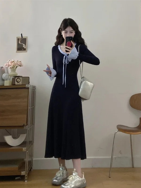 

Новое осеннее женское платье больших размеров с поясом-завязкой, деревянной отделкой и эффектом утяжки талии, длинное, во французском стиле