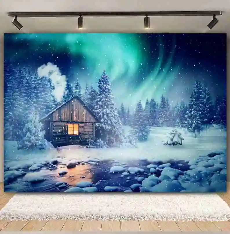 Winter Night Aurora Christmas Photography Backdrops Pine Forest Snowman Country House Natural Landscape Photographic Background