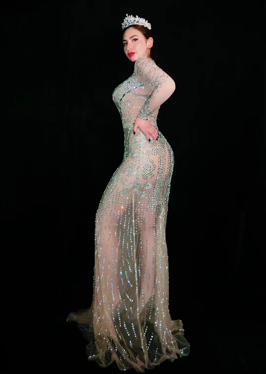 Star Luo Slim Mesh Full Diamond TranslúcidoSexy Borla Longo Envolto Hip Vestido StagePerformance A425