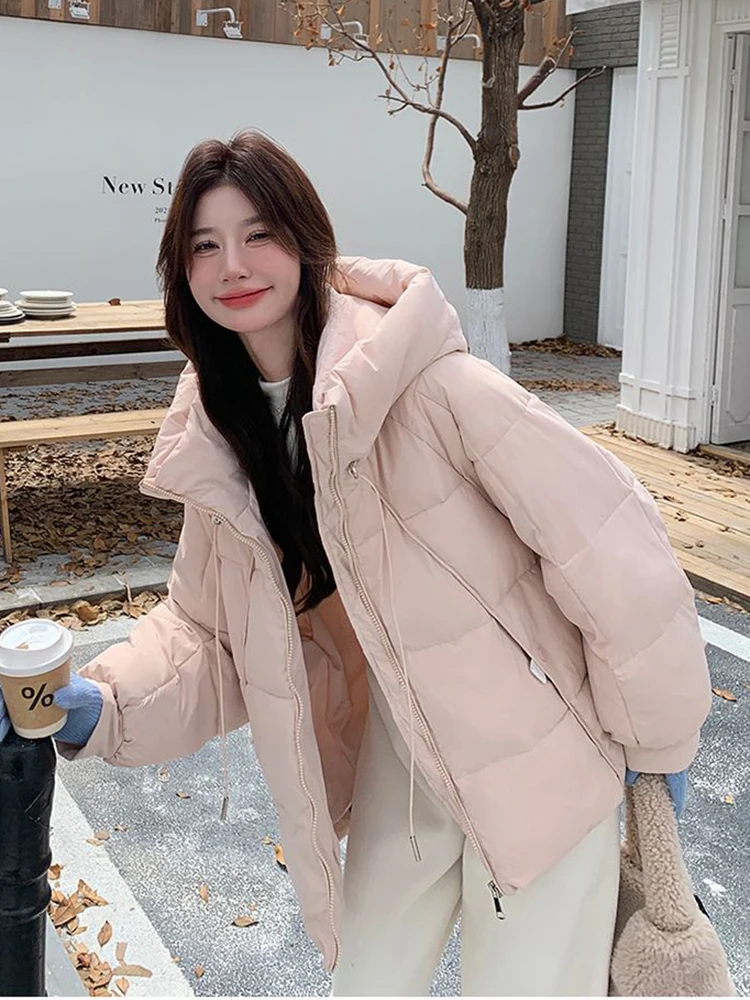 Parkas con capucha de color rosa dulce para mujer, abrigos gruesos y cálidos informales con cremallera, abrigos acampanados elegantes que combinan con todo, Tops holgados con cordones y cuello levantado