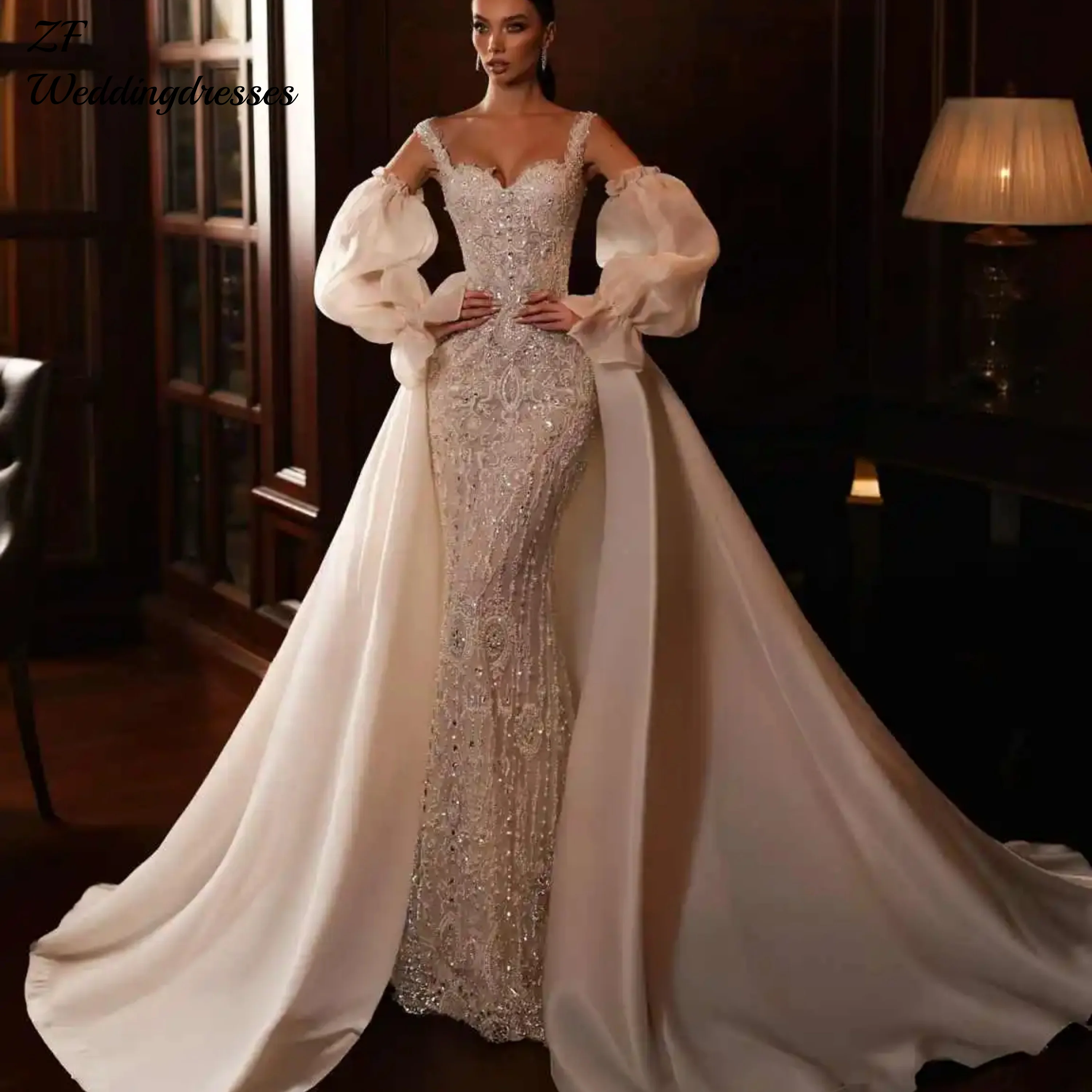 Robes De mariée personnalisées en perles exquises, avec traîne détachable, manches bouffantes, robe De mariée pour femmes