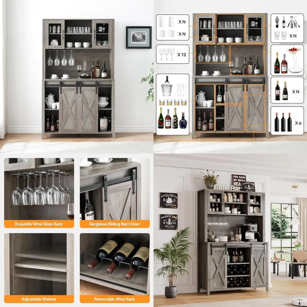 

Gray Oak 70 Wine & Liquor Cabinet with Hutch, Sliding Barn Door, Glass Racks, Adjustable Shelves for Kitchen or Dining Room