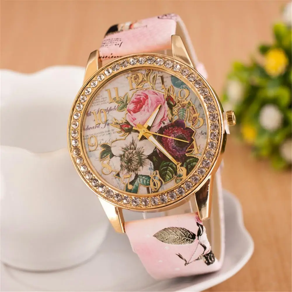 

Women Rhinestone Inlaid Flower Wristwatch Round Dial Faux Leather Band Quartz Wrist Watch