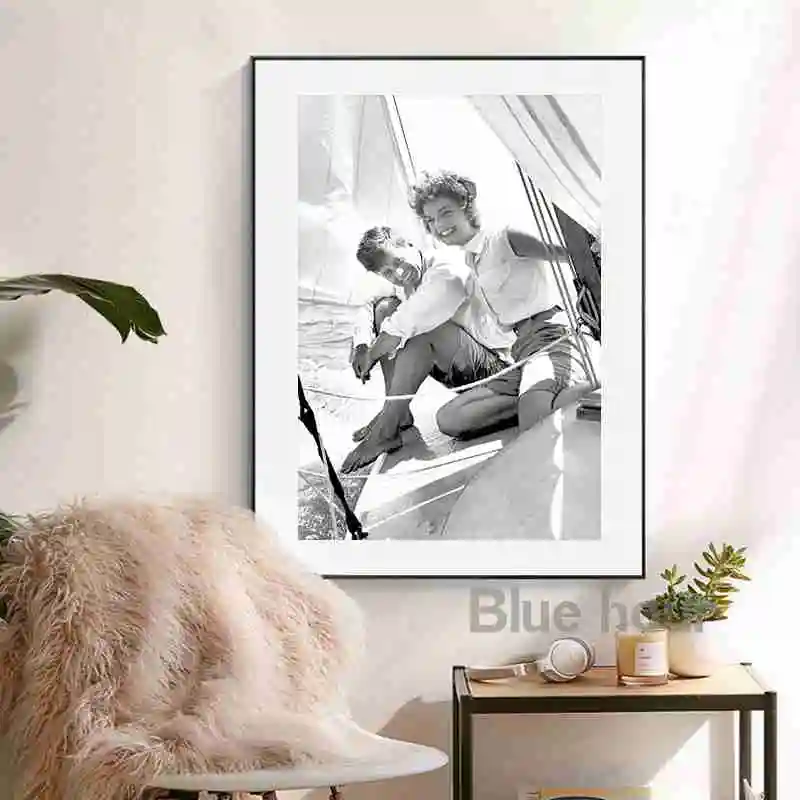 جون F. كينيدي وجاكي أوناسيس يبحران مطبوعات فنية عتيقة ، الرئيس على قوارب السفر قماش اللوحة للديكور المنزل #4