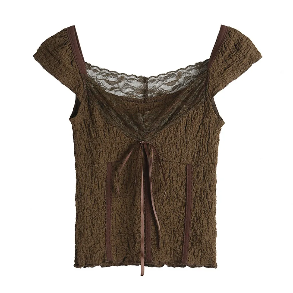 

Ins Sweet Slim Crop Top Женская одежда Корейский стиль Футболка с коротким рукавом Нижняя рубашка Spicy Girl Футболка с кружевным бантом Женская девушка