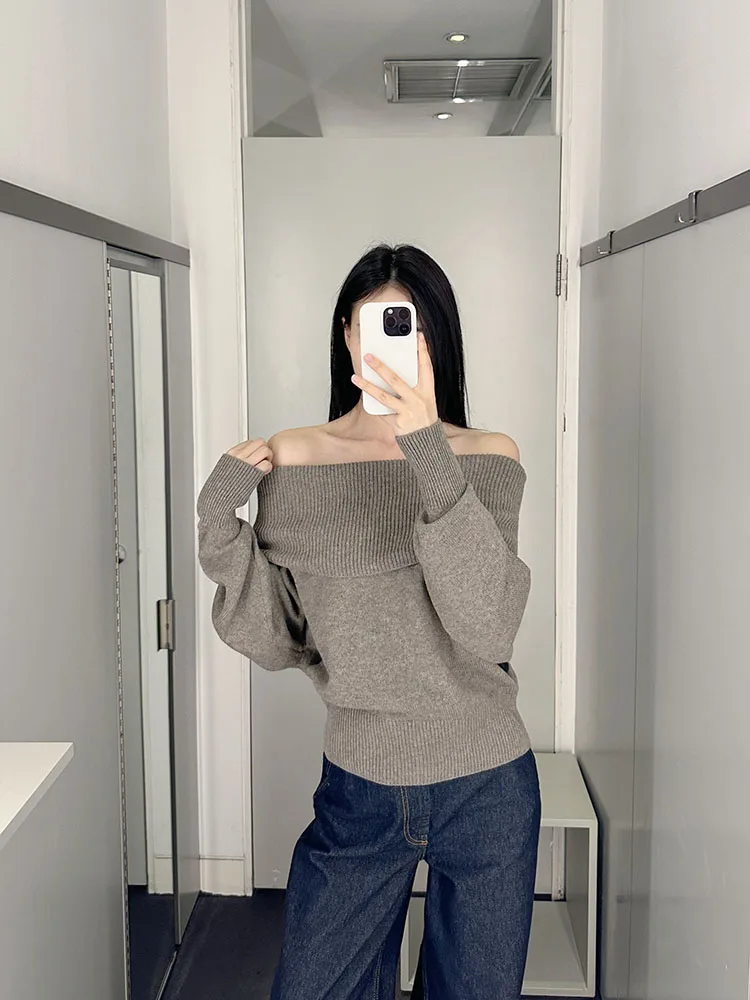 

Mat Cosniu Sle Светло-коричневый шерстяной вязаный свитер на одно плечо Уникальный дизайн Длинный женский свитер Sve Повседневный пригородный свитер...