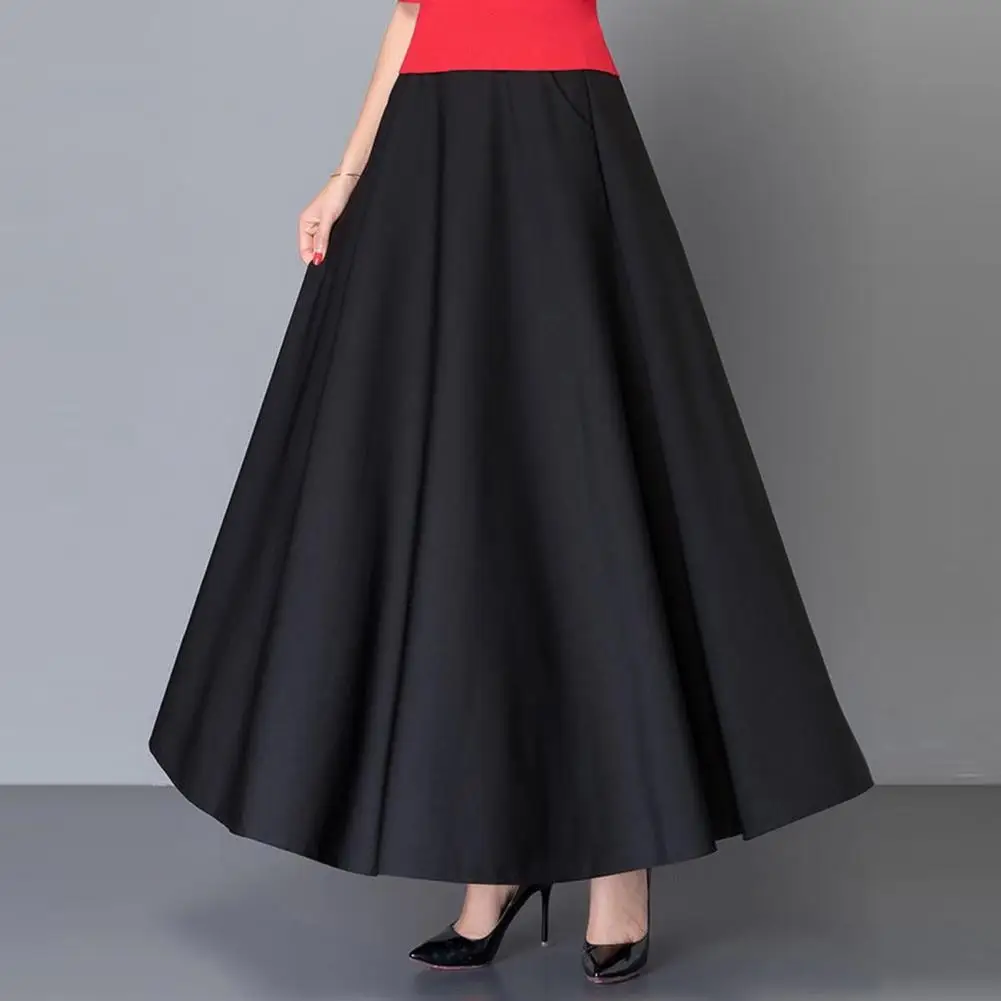 Elegant Women Maxi Skirt High Waist Loose Hem Pockets Solid Color Ankle Length Soft Breathable A-Line Long Skirt Female Clothing