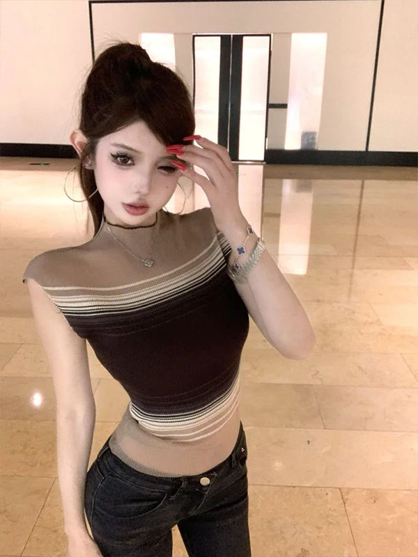 

Color Block Knitted Top round Neck Sleeveless Slim Fit Mesh Design Summer New Style Pure Desire Style Sexy Girl Short Length