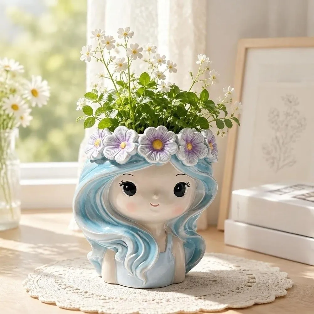 Creative Resin Girl Shape Planter Desktop Storage Pen Holder Flower Pot Vase Decoration Flower Container Table