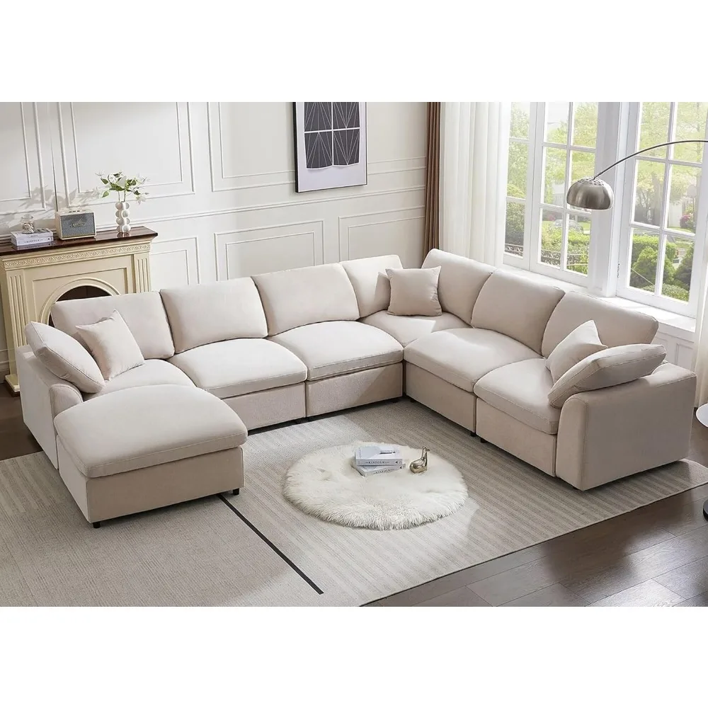 

Modern Oversized Chenille Cloud Couch with Movable Ottoman 7 Seater L-Shaped Sofas Comfy Couches for Living Room