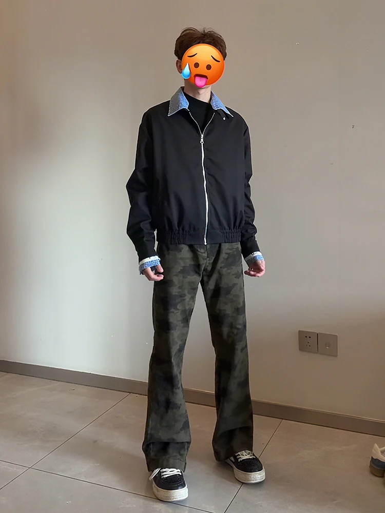 

American Vibe Camouflage Fce Lined Straight Leg Men's Jeans Slimming High Street Knife Pants Autumn Winter Casual Jeans