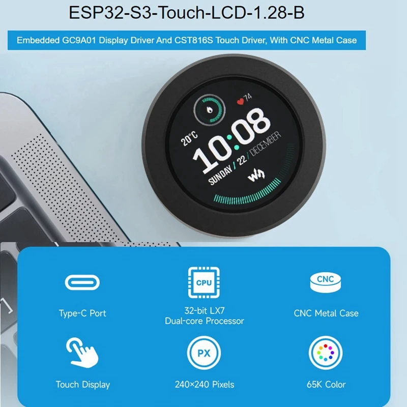 لوحة تطوير ESP32-S3 مع شاشة LCD تعمل باللمس مستديرة 1.28 بوصة جزءا لا يتجزأ من GC9A01 عرض سائق CST816S تعمل باللمس متين