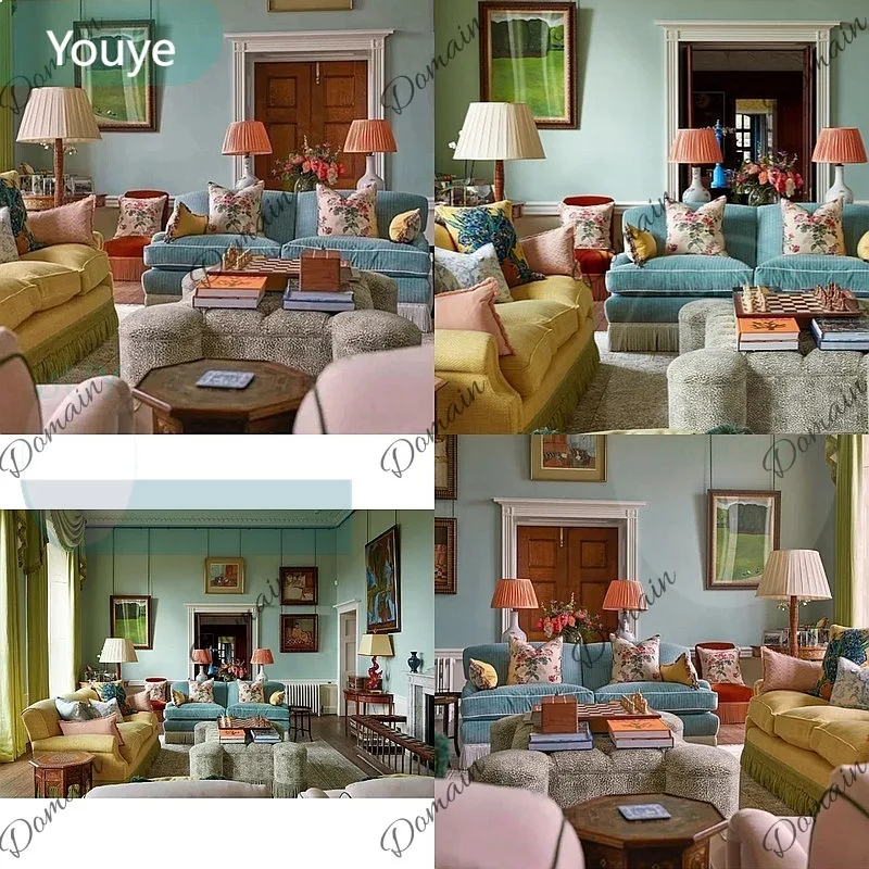 ZL French Retro Velvet Sofa with Tassel, Blue Yellow Living Room Sofa Set, Detachable Washable Villa Sofa