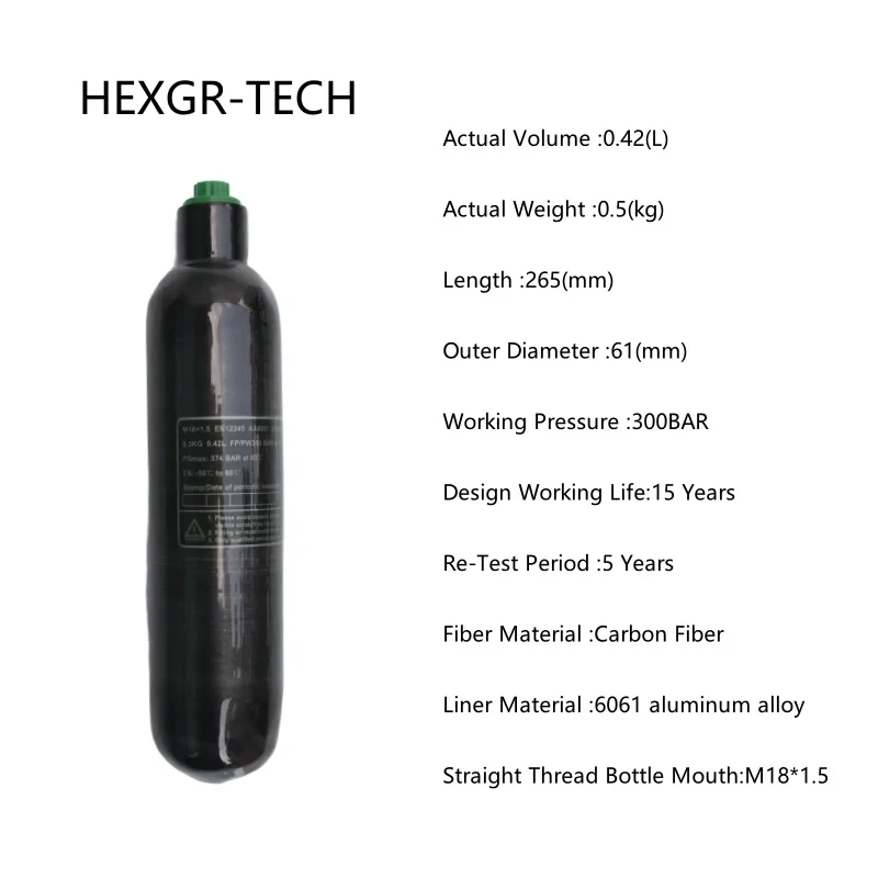Imagem -03 - Cilindro de Gás o para Mergulhar Cilindro Preto da Fibra do Carbono Hpa Airtank 4500psi 300bar 0.22l0.3l0.36l0.5l Pcp M18 15 de Alta Pressã