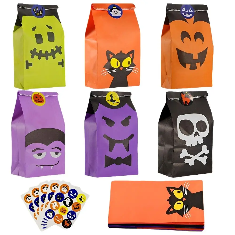8/16/24 Stück Halloween-Kraftpapiertüten mit zufälligem Muster, Monster-Kürbis-Spinnennetz-Druck, Party-Geschenktüten YMY – Detail 5