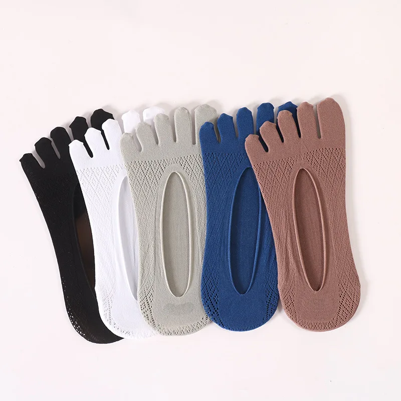 5 Pairs Summer Invisible No Show 5 Finger Socks Mens Thin Velvet Non-Slip Mesh Breathable Elastic Solid Silk Socks With Toes