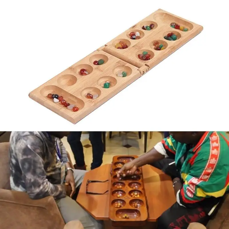 Africa Mancala Board Game with Colorful Natural Stones Pebbles Folding Wooden Board Chess Set for Kids Adult Party Travel Puzzle
