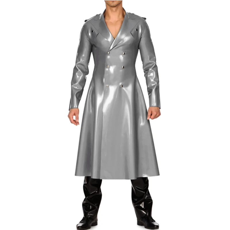 

Silver Sexy Long Latex Trench Coats With Buttons Front Slits Rubber Jacket Robe Military uniform PEA Overcoat YF-0292