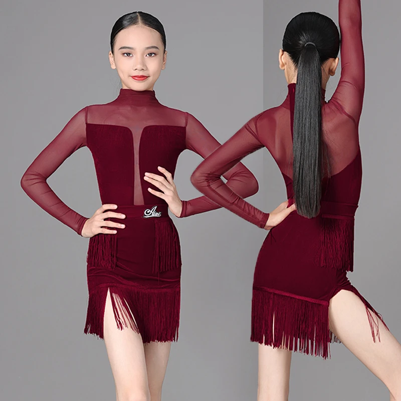 

Костюм для девочек, платья с длинными рукавами, одежда для девочек, платье для латинских танцев, сценический костюм для девочек, платье для латинских танцев, женское соревнование