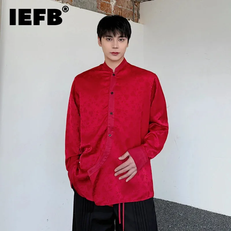 

IEFB Chinese Style Male Shirt Long Sleeve Round Collar Male Shirts New Fashion Men's Wear Slanted Front Niche Design 9C5550