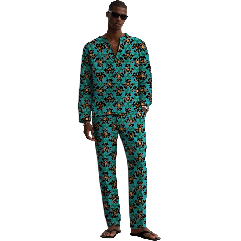 V-neck Shirt + Pant Men's Set African Couture Male Party Outfit Holiday Gift Customized Groom Suit For Festival