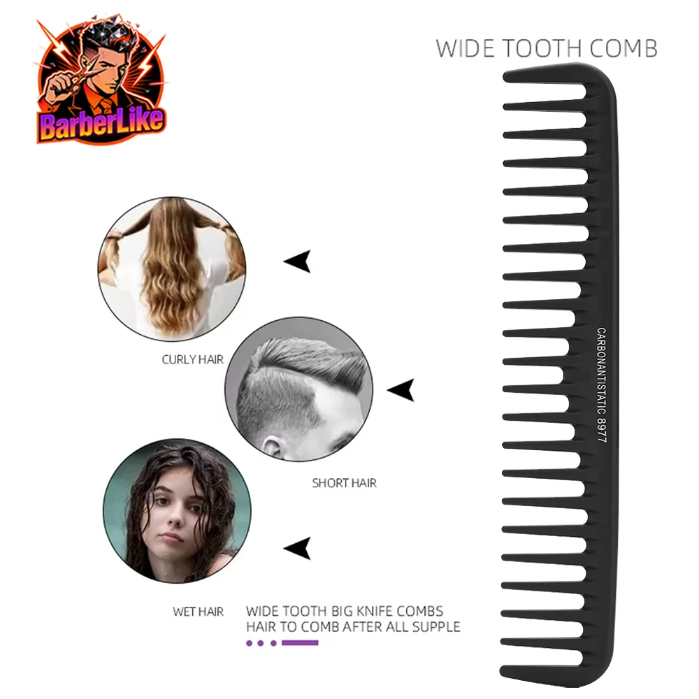 Sisir Potong Rambut Hitam Model Flattop Bergigi Lebar untuk Pria, Sikat Potong Rambut Profesional Salon Barber, Sisir Karbon untuk Penataan Rambut