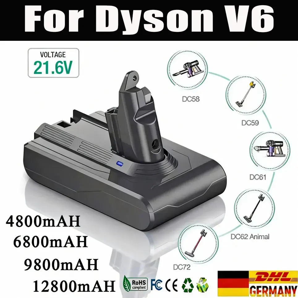 Für Dyson Akku V6 21,6V 12800mAh Ersatzakku DC62 DC59 DC58 SV03 SV04 SV09 Animal Motorhead V6 Slim Absolute Staubsauger-Akku