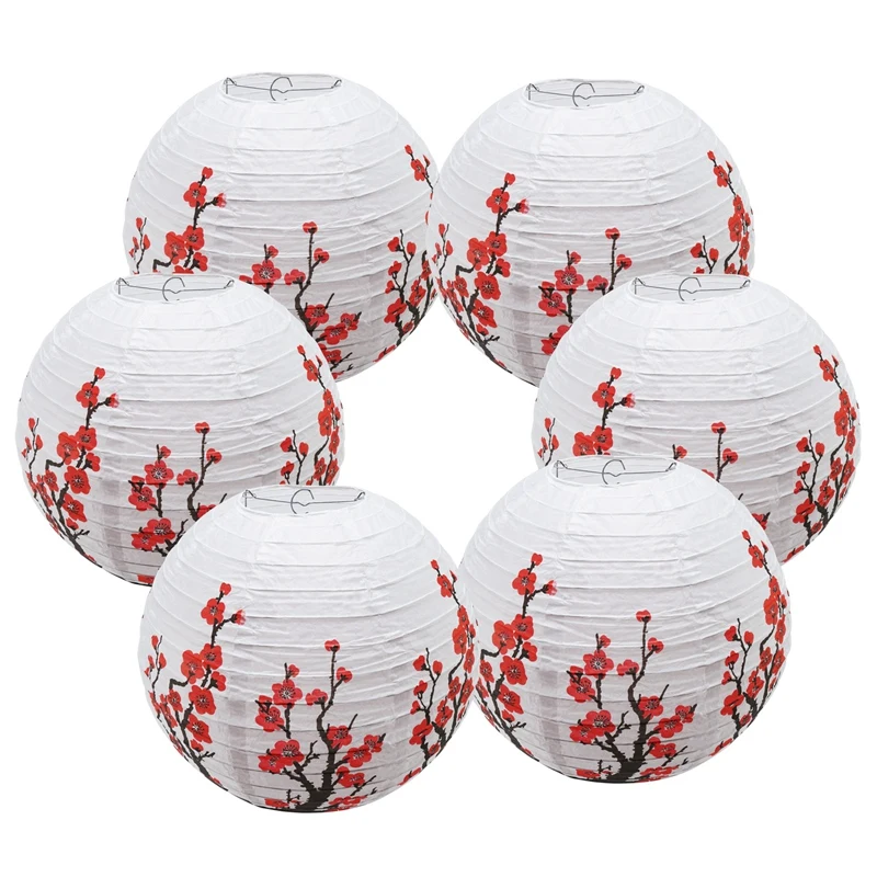 Lanterne ronde en papier rouge sans fleurs, lampe chinoise japonaise, décoration de la maison, fête de mariage, blanc, 6 paquets, 12 po