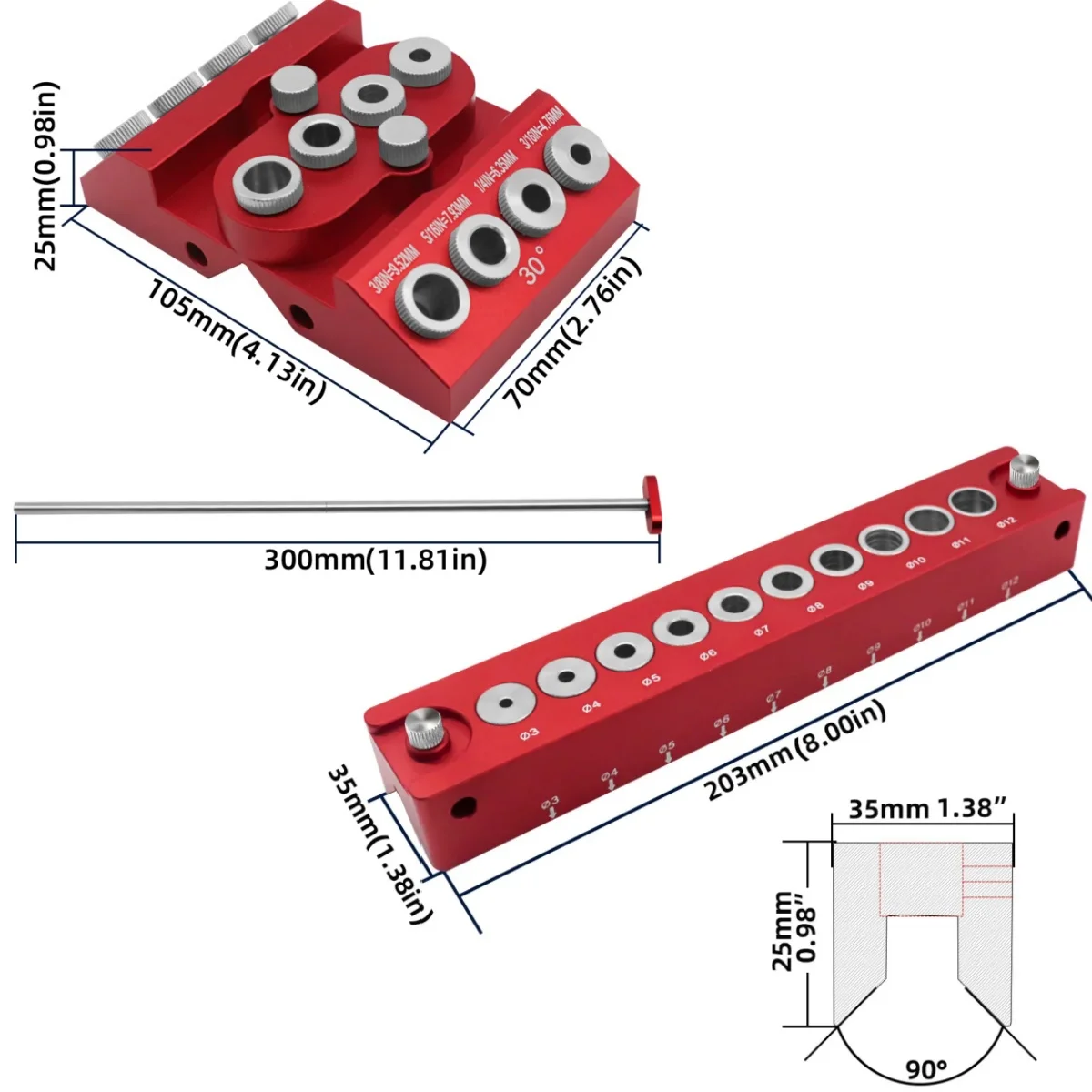 Jig Dowel Self Centering dari Paduan Aluminium dengan Batang Penentu Posisi, untuk Pengeboran Sudut Datar Bulat pada Proyek Railing Kabel & Pertukangan Kayu