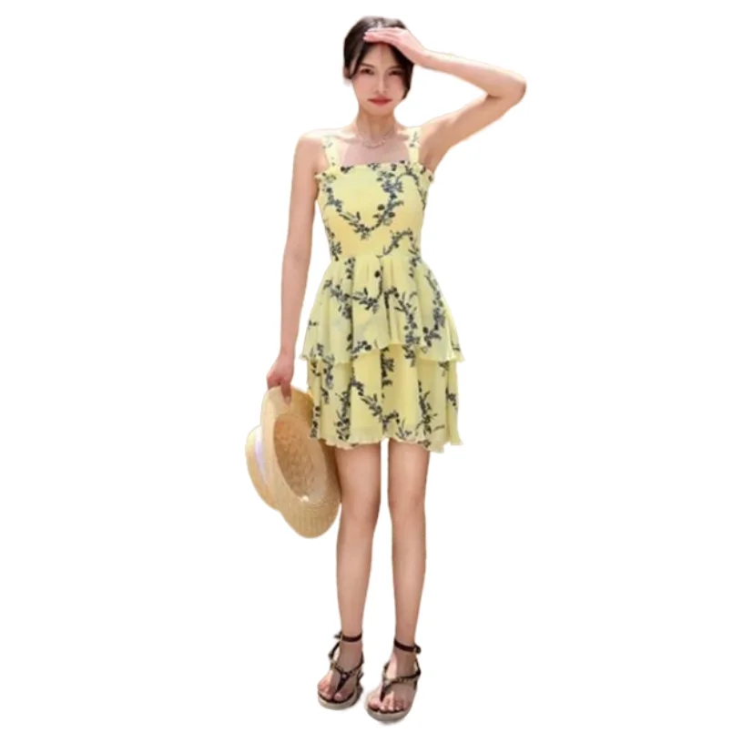 

Summer Chiffon Girlish Sling Dress Hot Selling Double Layer Lotus Leaf High Waist Vintage Yellow Print Holiday Style Vestidos