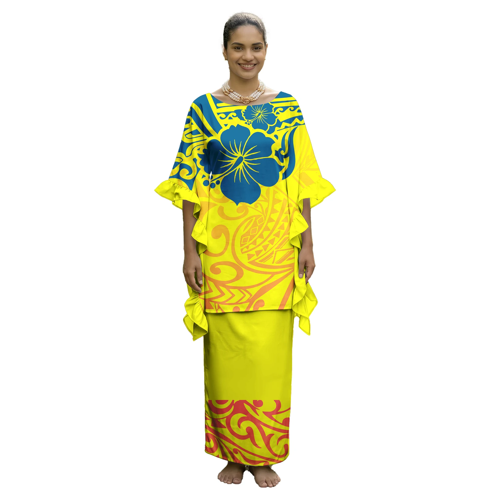 

Tribal Design Hawaiian Plus Size Puletasi Polynesian Island Holiday Women Clothes Samoan Puletasi Church Ruffle Sleeve Dresses