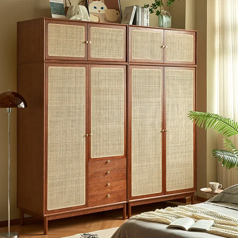 Nordic retro solid wood, wardrobe home bedroom storage, modern and simple storage, free combination of rattan weaving