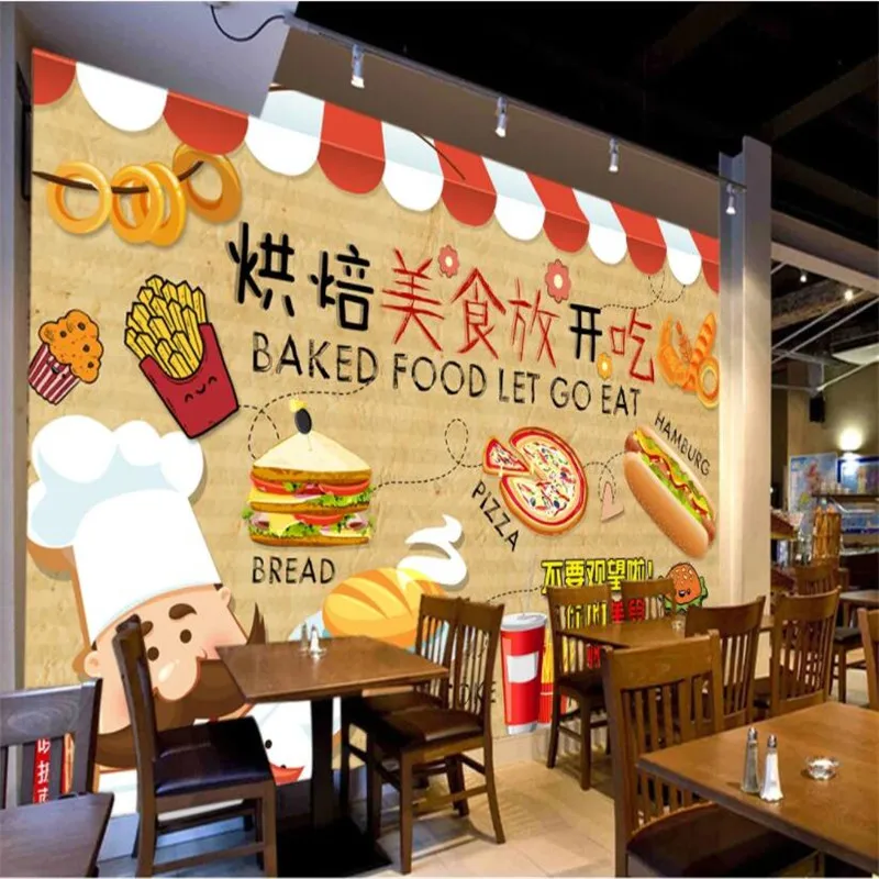 European Retro Bread Pizza Burger Wall Paper 3D Baking Cafe Milk Tea Dessert Shop Industrial Decor Background Mural Wallpaper 3D