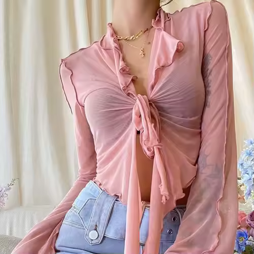 Long Flare Sleeve Blouses for Women Lace-up Mesh Sexy Sweet Hot Girls Korean Fashion Style All-match Solid Design Elegant Casual - Image 9