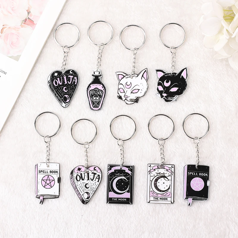 1Pc Witch Tarot Keychain Punk Acrylic Car Mirror Keyring Handbag Cat Moon Card Spell Girl Birthday Gift