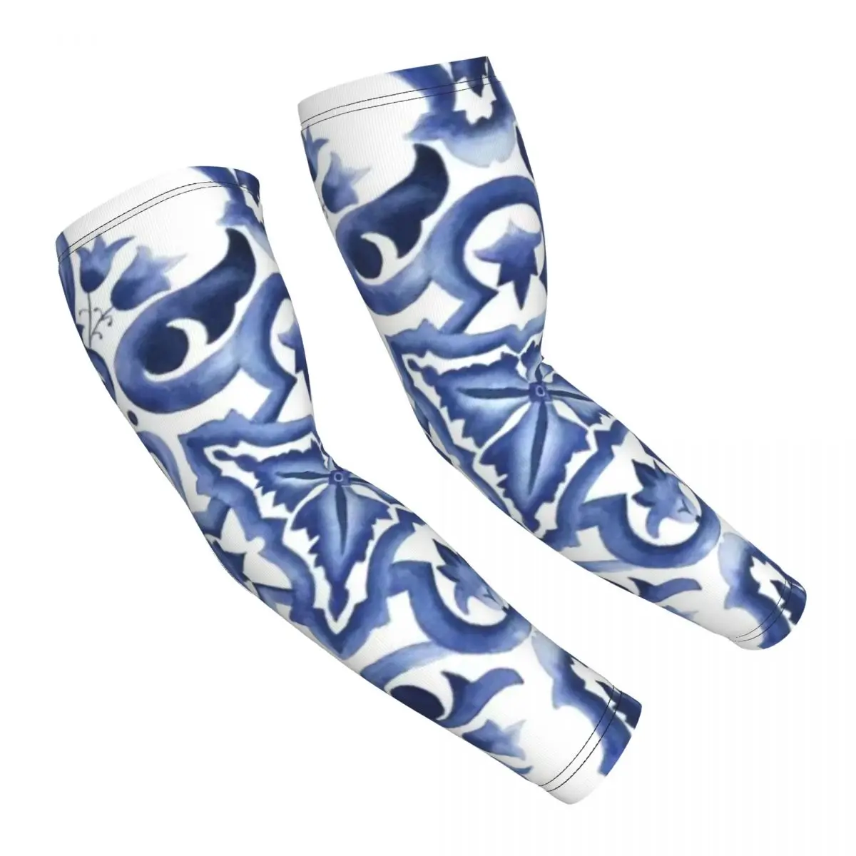 

Синяя декоративная цветочная средиземноморская сицилийская плитка с рукавами для мужчин и женщин, защита от солнца и ультрафиолета, накидка для татуировки, спортивное охлаждение, велоспорт