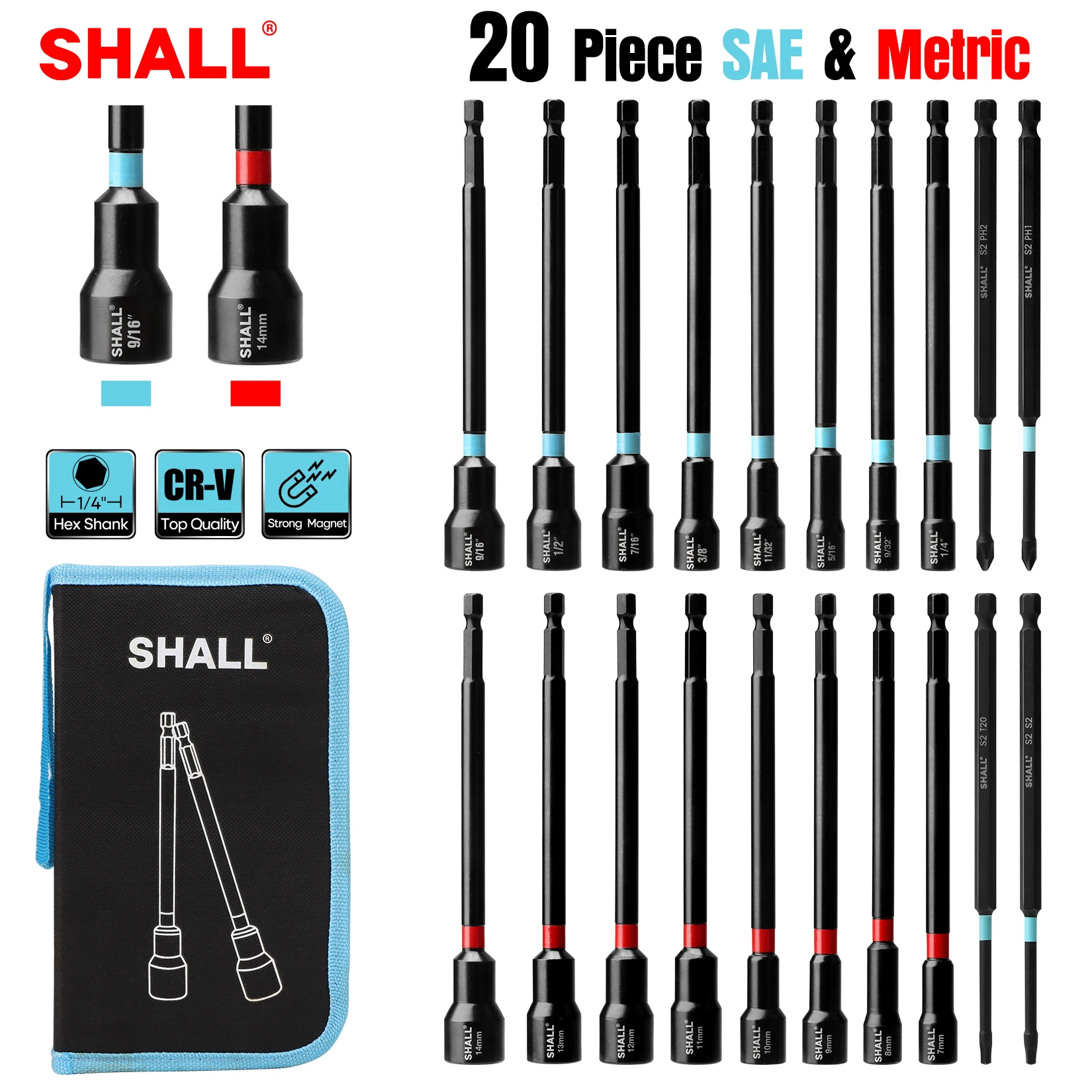 SHALL 20PCS Magnetic Nut Driver Set 150mm Long Nut Drivers for Impact Drill,SAE & Metric 1/4” Hex Shank Nut Driver Bit with Bag