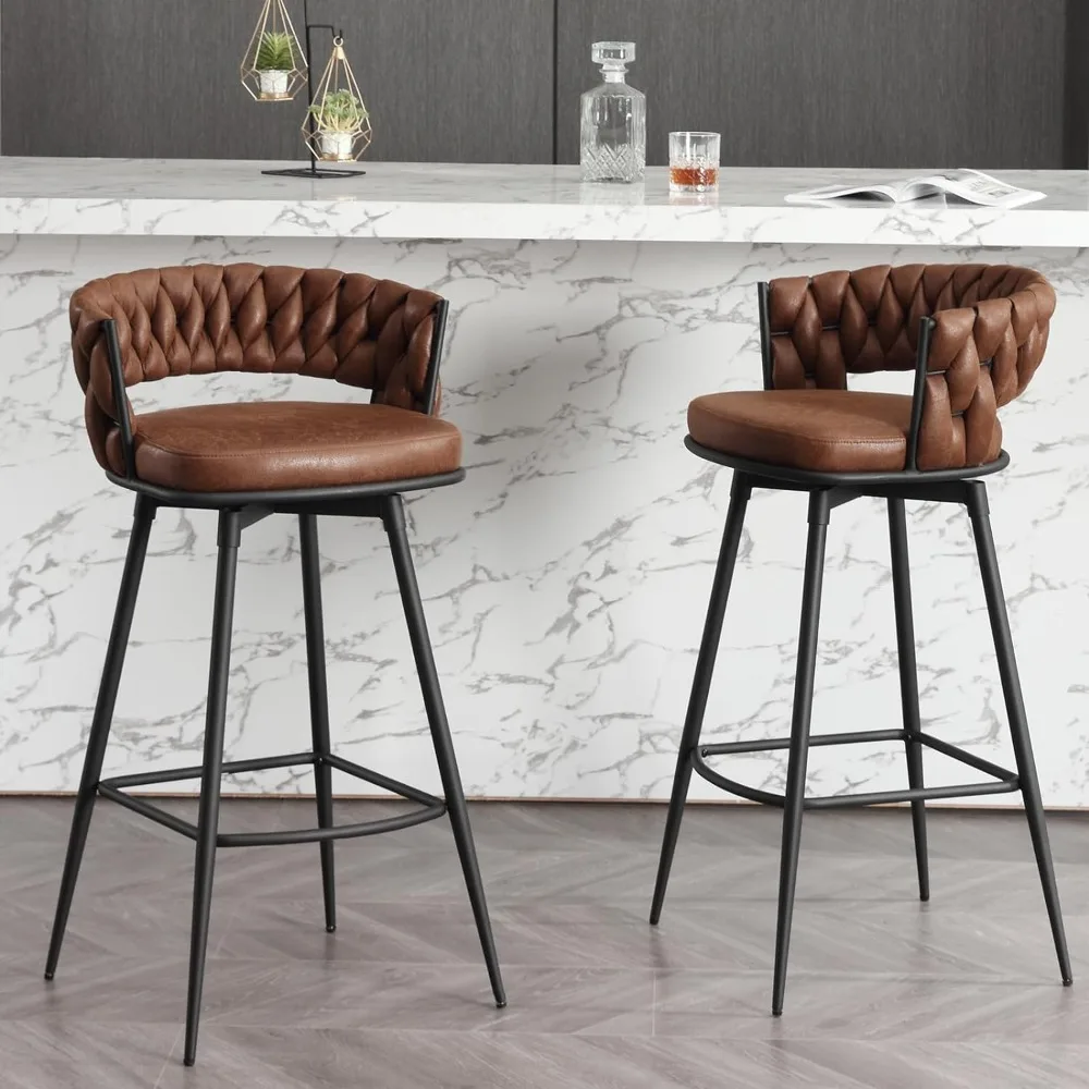 

Modern Bar Stools Set of 2, 30" Bar Height Barstools, 180° Swivel Suede Fabric Stool Chairs with Woven Bar Stools