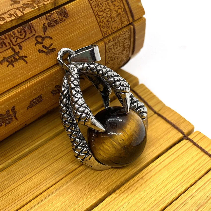 Antique Silver Dragon Claw Crystal Round Beads Pendants For Women DIY Necklace Natural Amethyst Rose Quartz Man Jewelry No Chain