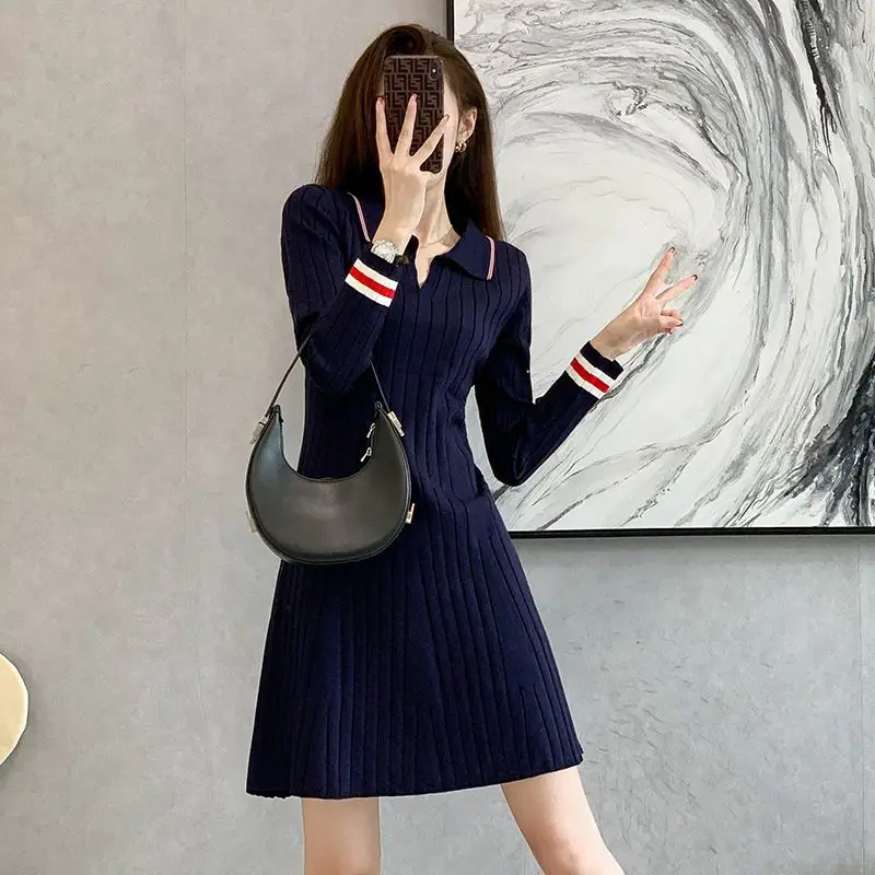 Autumn Winter Women\'s Vintage Striped Elegant Chic Slim Knitted Dresses Korean Fashion High Waist Long Sleeve A Line Midi Dress