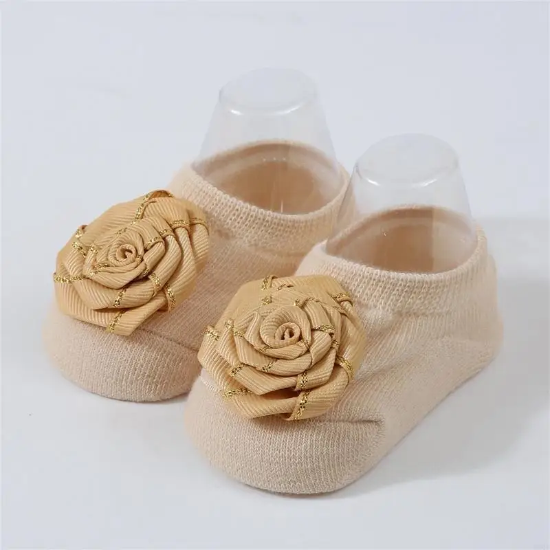 

19QF 1 Pair Toddlers Walking Socks Soft & Breathable Non-slip Socks Cotton Knitted Socks for Baby with Floral Embellishment