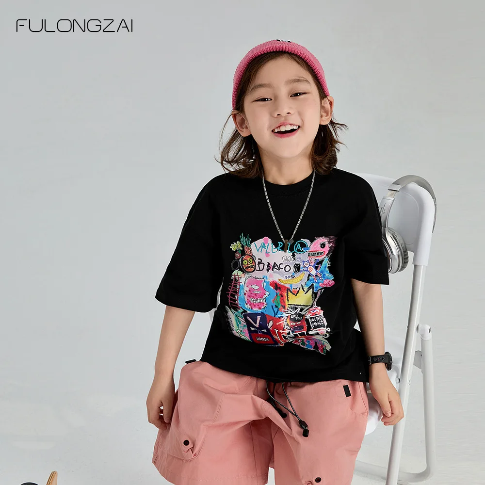 2024 Doodle The Boys Clothes Kids T Shirts Clothing Children Parent-child Outfit Korean Style Summer Top Breathable Cotton