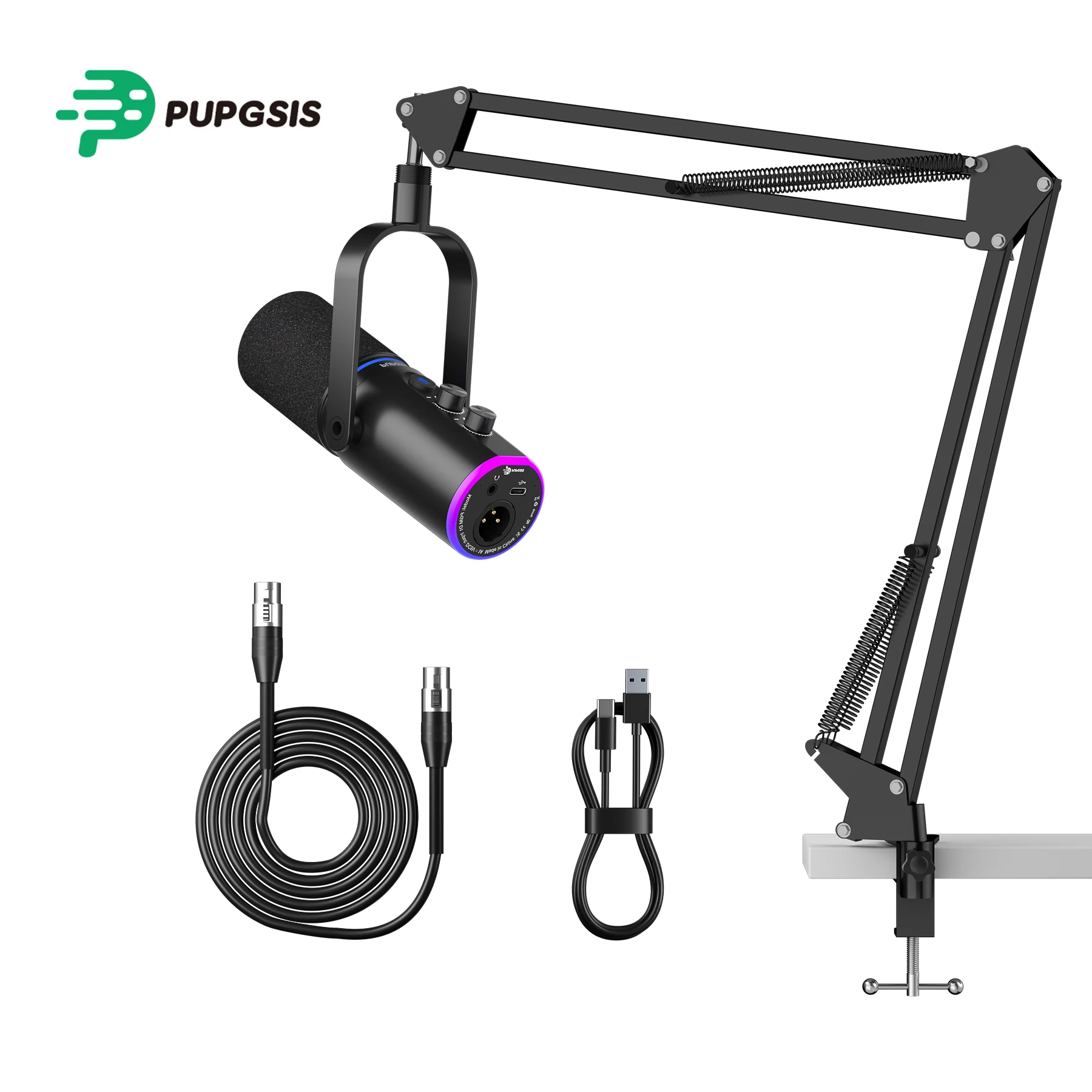 

Микрофон PUPGSIS XLR/USB для подкастов и игр с кнопкой отключения звука, эффектами реверберации, шумоподавлением и настольной стойкой-пантографом