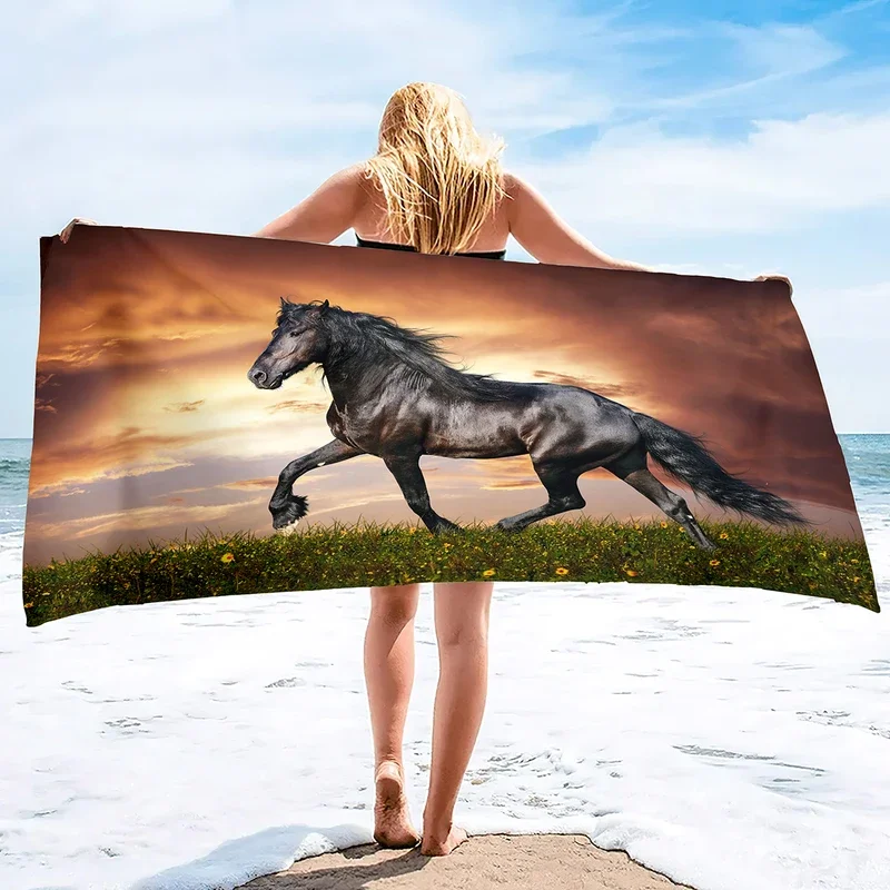 Galloping Horse Beach Towel Wild Farm Animal Bath Towels Quick Dry Beach Blanket Soft Sandless Towels for Travel Sports Swim Spa