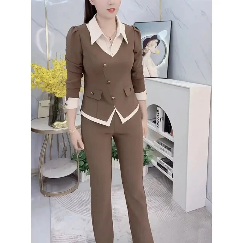 2025 primavera y otoño moda reductor de edad adelgazamiento costura falsa camisa de dos piezas abrigo con cuello + pantalones casuales traje de dos piezas